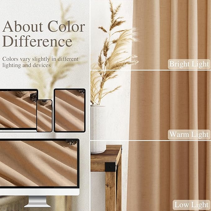 Camel Linen Curtains 96 Inches Long for Living Back Tab Rod Pocket Vintage Rustic Farmhouse Light Filtering Curtain Burlap Textured Linen Drapes 96 Inch Length for Dinning Room Bedroom 52x96