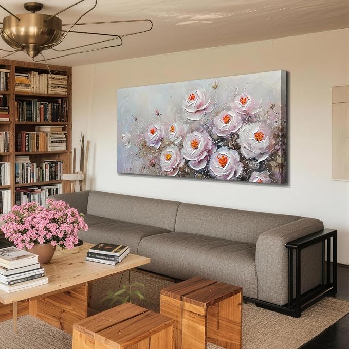 Acocifi Peony Canvas Wall Art Pink Florals Textured Picture 58"x29" | Vintage Impression Artwork, Waterproof Canvas, Easy to Hang, Durable Colorfast, Suitable for Bedroom Living Room Home Decor