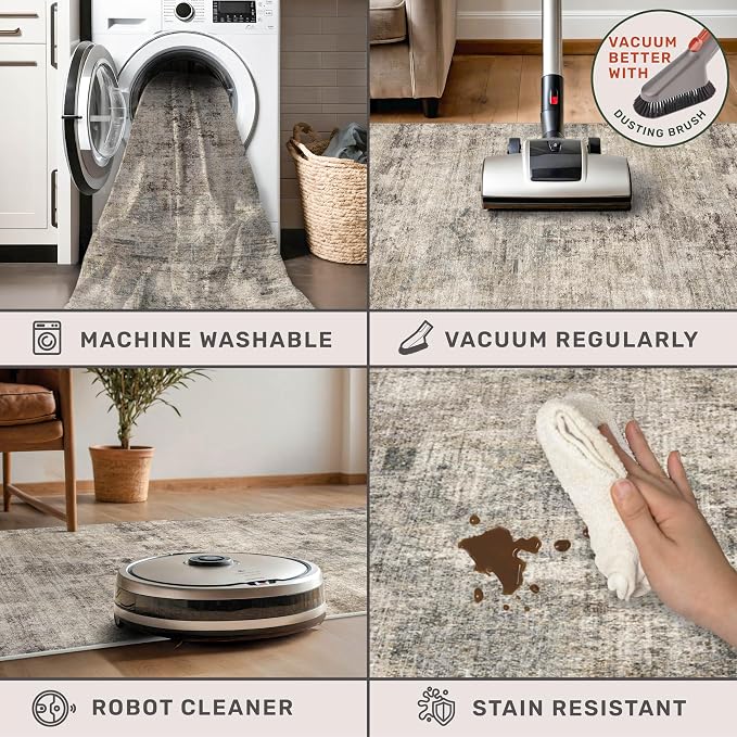3x4 Indoor Floor Mats for Entryway - Taupe Washable Farmhouse Area Rug for Bedroom, Kitchen, Laundry Room, Brown Vintage Home Décor, Low Pile & Soft Stain Resistant Carpet