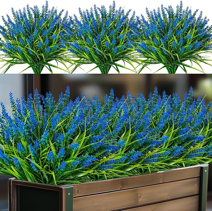 Nigirior Artificial Flowers for Outdoor Plants 24 Bundles Fake Lavender Plastic Faux Monkey Grass for Verandah Window Garden Office Patio Front Porch UV Resistant for Planter(Blue)