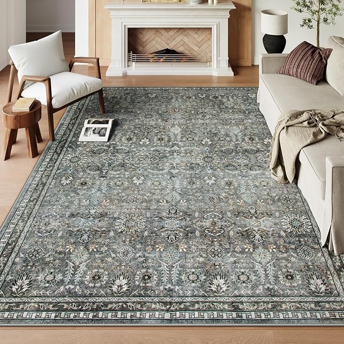 Lahome Grey Green Moody Living Room Rug, Dark 8x10 Washable Area Rug | Soft Pet Friendly Stain Resistant Floor Carpets for Bedroom Dining Room