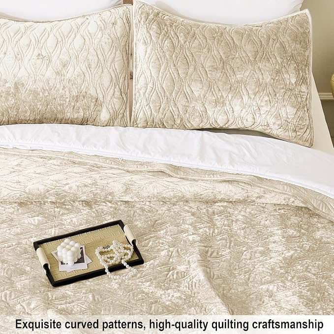 Velvet Quilt Set Full Queen Size 90x98 Bedspread Soft Bedding Set 3 Pieces Neutral Luxury Comforter with 2 Pillow Shams 20x26 All Season for Bedroom Home Decor,Beige