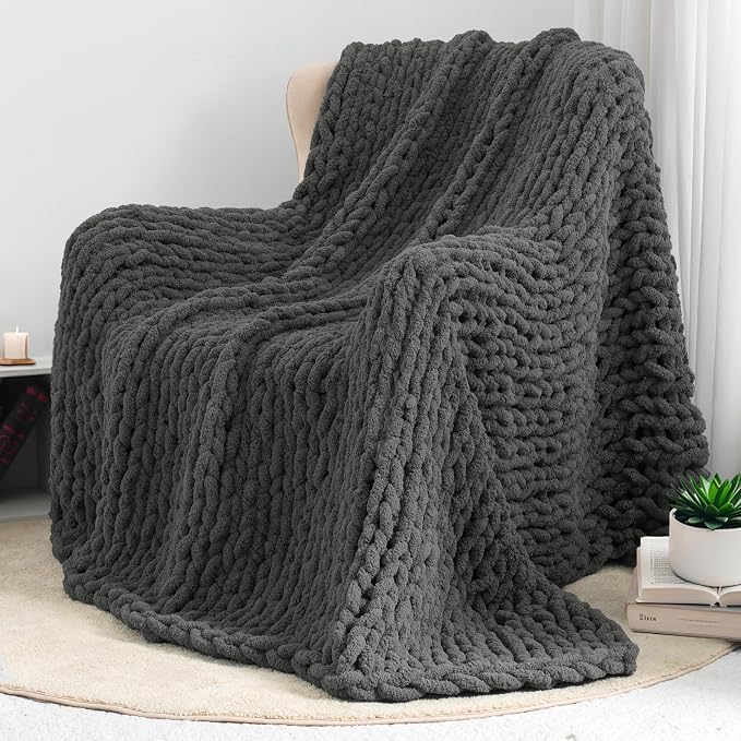 Chunky Knit Throw Blanket 60x80, 100% Handmade Chenille Yarn | 6.7lbs Soft Thick Cable Knitted Blankets, Large Rope Knot Crochet Throws for Couch Sofa Bed Machine Washable, Dark Grey
