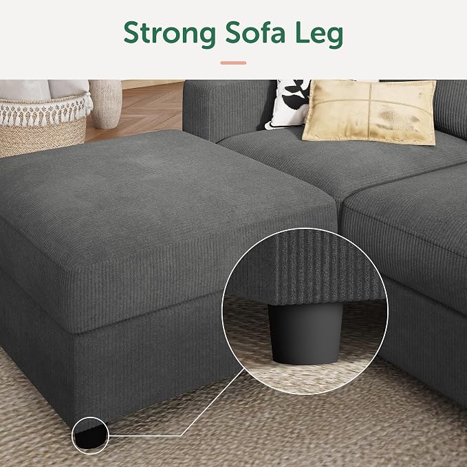 HONBAY Modern Corduroy Ottoman Module Sofa, Ottoman Bench with Storage, Dark Grey