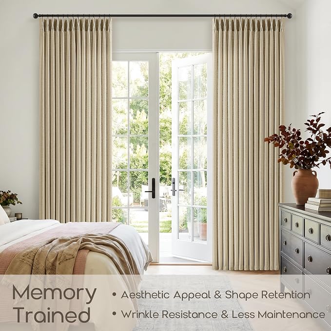 Oatmeal Pinch Pleated Linen Curtains 90 Inches Long 2 Panels Set Country Light Filtering Semi Sheer Window Curtains with Hooks Rings 90 Inch Length Back Tab Burlap Drapes for Living Room Bedroom 40x90