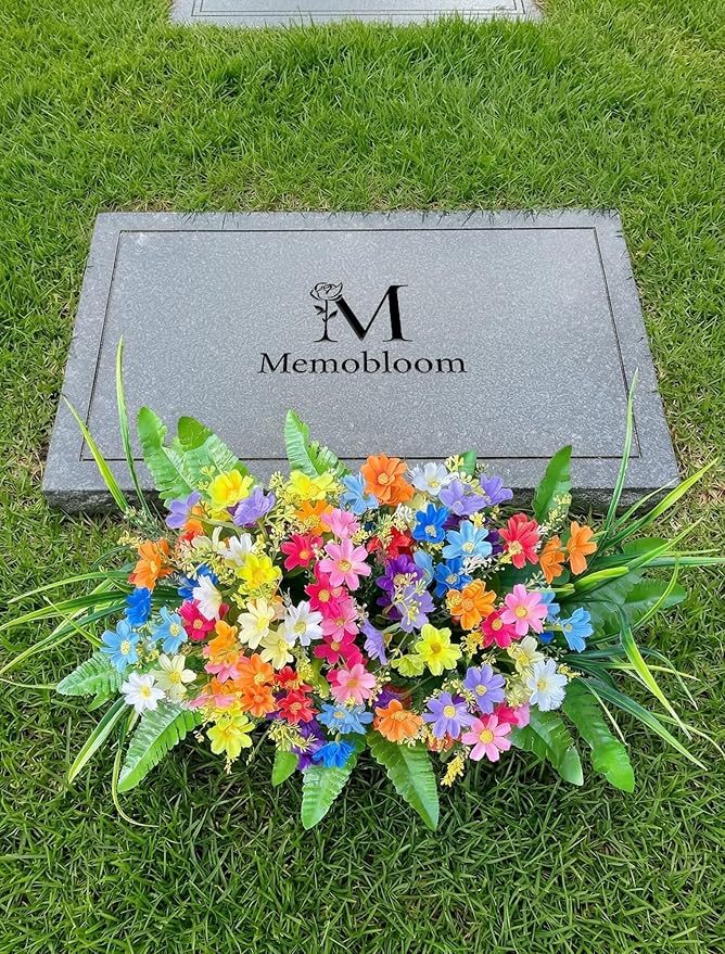 Cemetery Flowers for Grave Fake: Spring Flowers for Cemetery Easter Colorful Artificial Wildflowers with Stake - Faux Silk Memorial Day Grave Decorations for Outdoor Gravesite