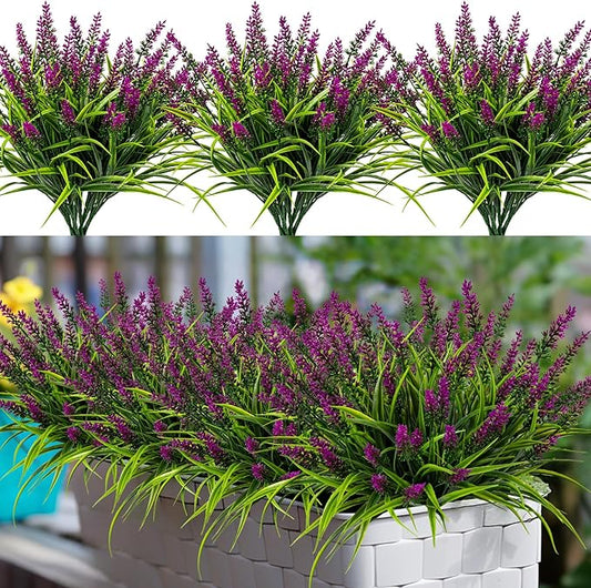 Nigirior Artificial Flowers for Outdoor Plants 24 Bundles Fake Lavender Plastic Faux Monkey Grass for Verandah Window Garden Office Patio Front Porch UV Resistant for Planter(Fuchsia)