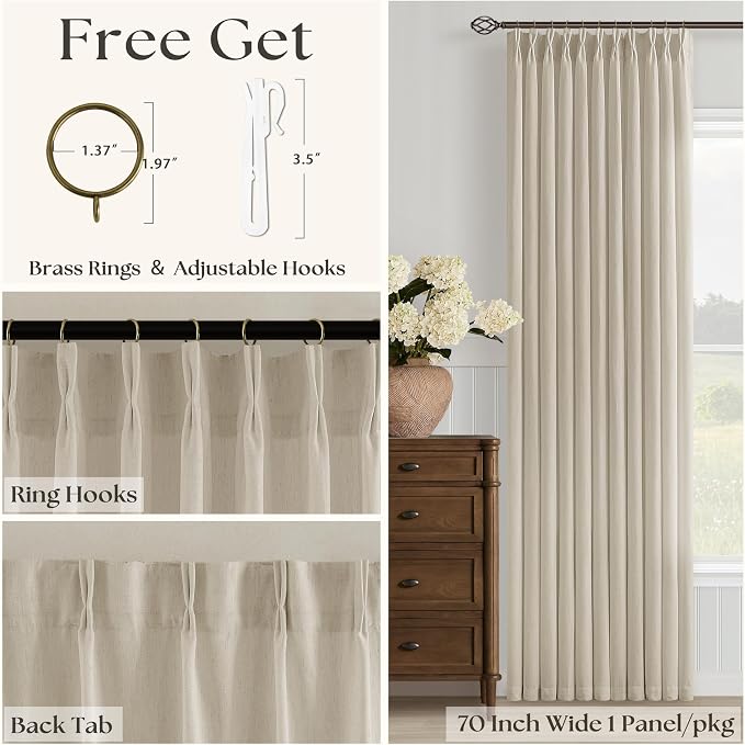 Beige Linen Curtains 84 Inch Length Pinch Pleated 2 Panels for Living Room Bedroom Apricot Oatmeal Semi Sheer Window Curtain Boho Neutral Back Tab Pinch Pleat Drape with Rings Hooks 84 Inches Long