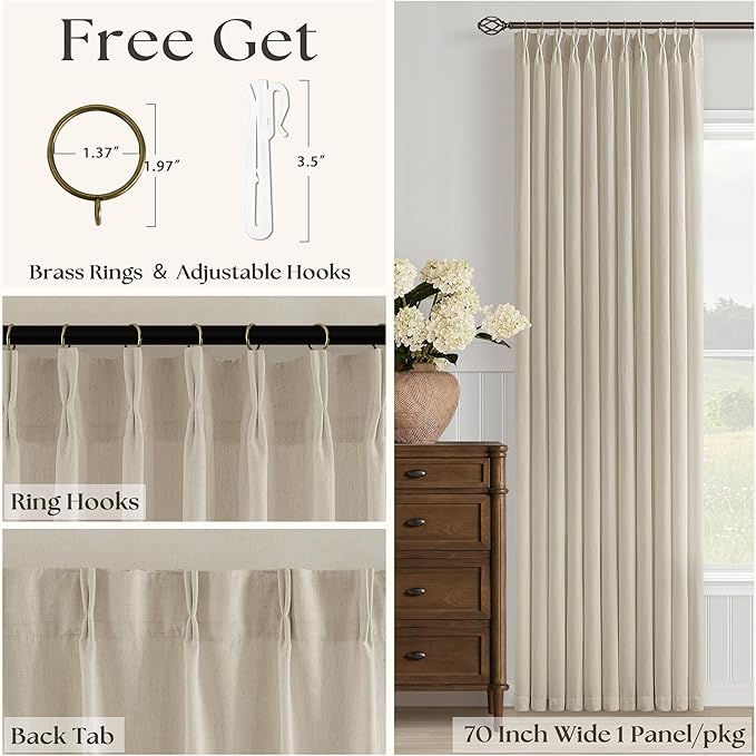 Light Filtering Dining Room Curtains 63 Inches Long 2 Panels Set for Small Window Boho Farmhouse Pinch Pleated Linen Short Semi Sheer Back Tab Pinch Pleat Living Bedroom Bay Windows Oatmeal Beige