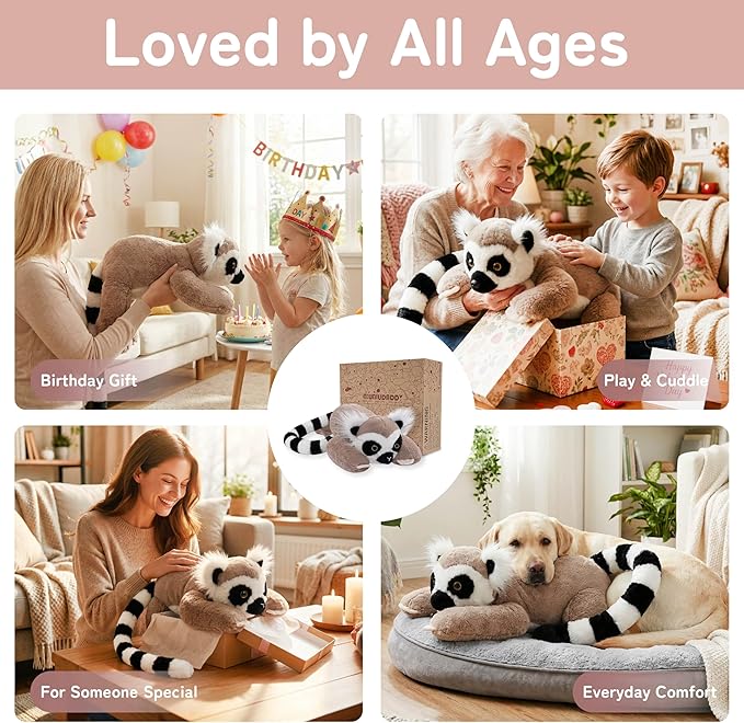 Niuniu Daddy Lemur Weighted Stuffed Animals for Kids & Adults, 20" | 3.3lb Large Weighted Plushies Pillow for Sleeping and Calming, Cute Lying Plush Toy Huggable Gift for Everyday Comfort
