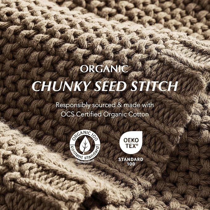 EverGrace Organic Cotton Chunky Knit Throw Blanket, 60 x 80 Stone Taupe | OCS Certified Organic Cotton, Seed Stitch Knit, Soft & Breathable, Cozy Midweight, Decorative Throw for Couch, Bed & Sofa