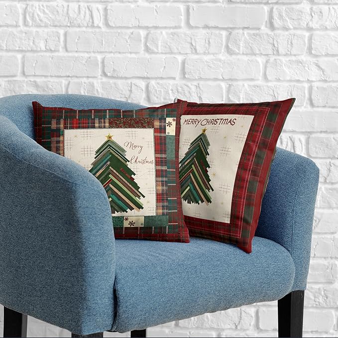 Set of 2 Christmas Pillow Covers 20x20 Winter Xmas Tree Pillow Case Red Green Checkered Plaid Throw Pillow Covers Cotton Linen Cushion Case for Holiday Decor Couch Sofa