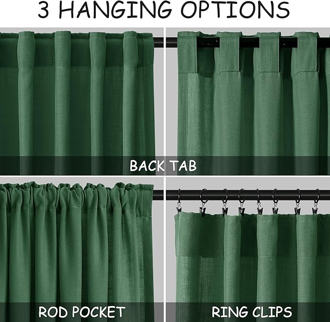 Green Linen Textured 96 Inch Curtains 2 Panel Set Back Tab Rod Pocket Sheer Light Filtering Boho Room Decor Aesthetic Curtains Burlap Look Curtain Drapes for Living Room Bedroom 8Ft 52x96 Inch