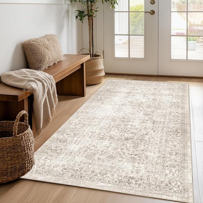 FMFUNCTEX 4x5 Washable Area Rug Neutral Vintage Beige Non Slip Low Pile Traditional Indoor Carpet for Entryway Living Room Bedroom Soft Retro Floral Mat Throw Rug for Dining Office Kitchen Entryway