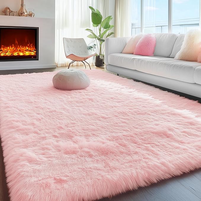 PAGISOFE Pink Rugs for Girls Bedroom 4x6 Ft Fluffy Cute Girls Room Decor Aesthetic Area Rugs Kawaii Baby Nursery Rugs Plush Playroom Shag Teen Girl Rug Thick Fur Dorm Rug Living Room Carpet