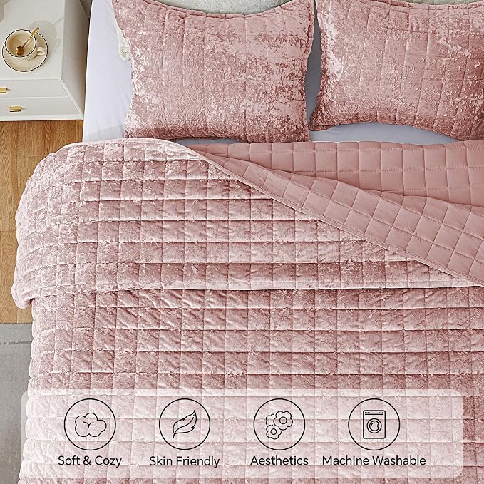 BEDELITE Velvet Quilt Set Queen Size - Luxury Soft Velvet Comforter Bedding Set for All Season, Lightweight Quilted Box Stitch Oversized Bedspread Coverlet with 2 Matching Shams, Shiny Dusty Pink