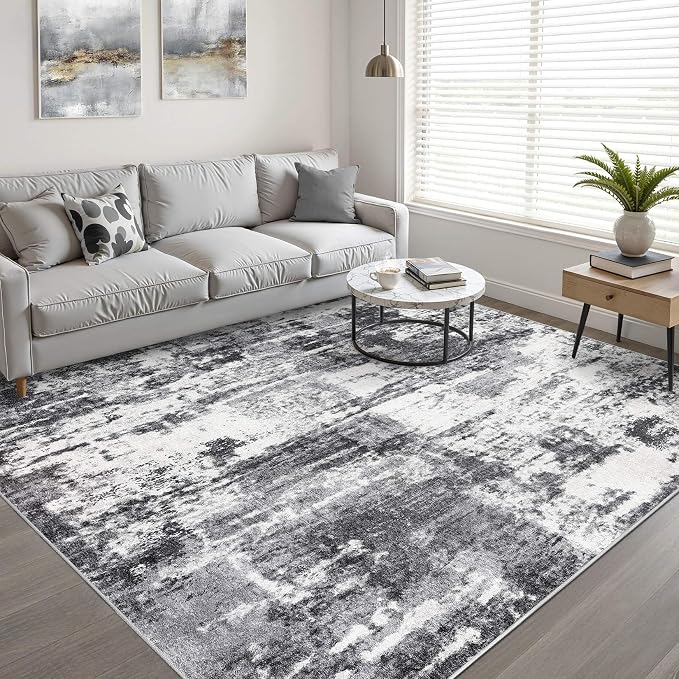 9x12 Area Rug Living Room: Washable Large Neutral Rug Abstract Soft Modern Stain Resistant Indoor Floor Non-Slip Carpet for Bedroom Nursery Kids Office Playroom Dining Room Under Table- Black White