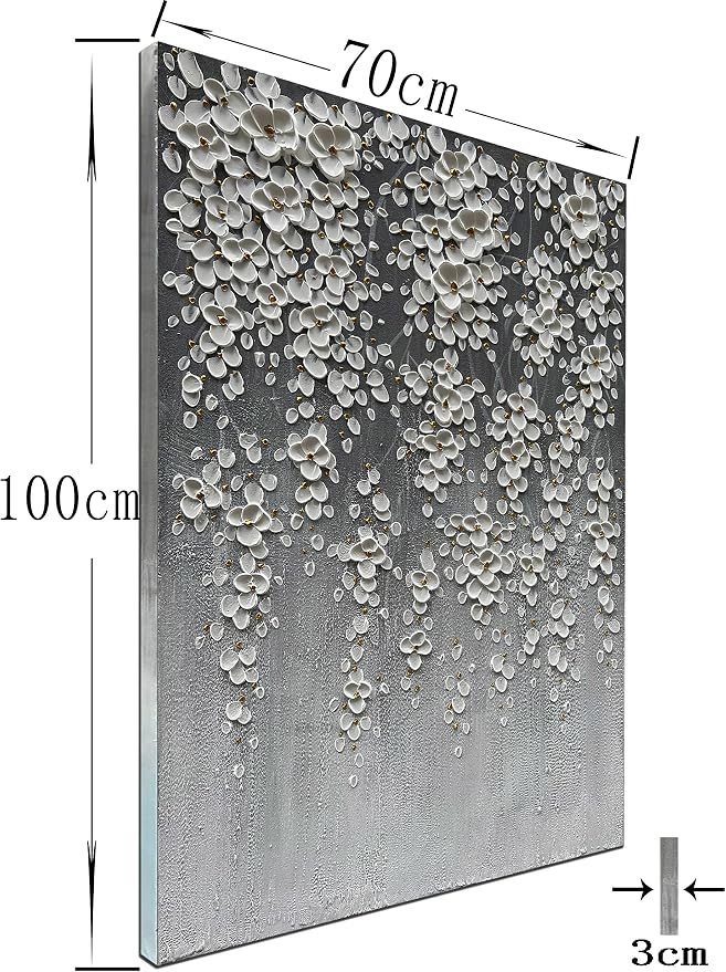 zoinart 3D Oil Painting on Canvas, 28x40 inch Hand Painted Abstract White Flowers/Floral Paintings Grey Artwork Modern Canvas Wall Art Wall Decor Framed Ready to Hang