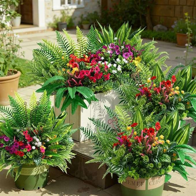 Alupssuc 48 Pcs Artificial Plants Flowers for Outdoors, Realistic Faux UV Resistant Greenery & Silk Flowers,Fake Plastic Shrubs Stems No Fade for Indoor Outside Garden Patio Spring Planter Home Decor
