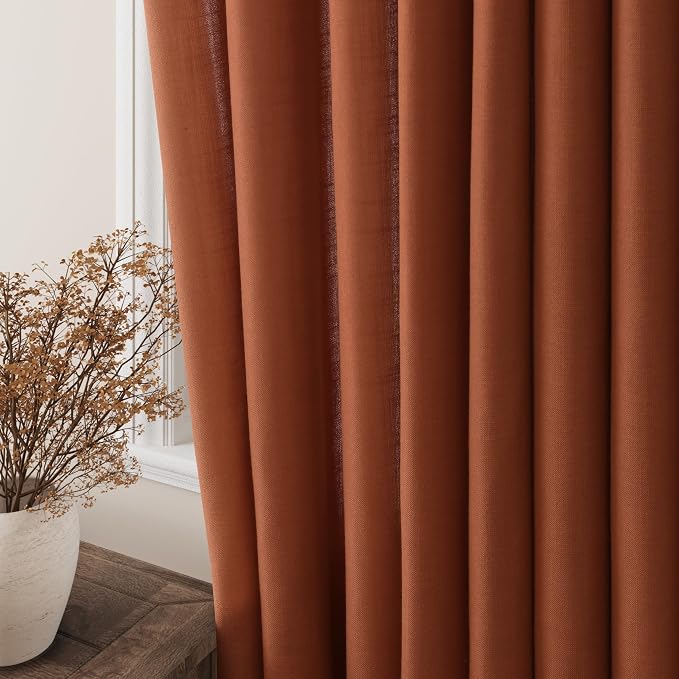 Terracotta Linen Curtains 96 Inch Length for Living Room Grommet Semi Sheer Light Reducing Curtain Drapes 2 Panel Set Airy Lightweight Privacy Textured Window Treatments Panel for Bedroom 8Ft Tall