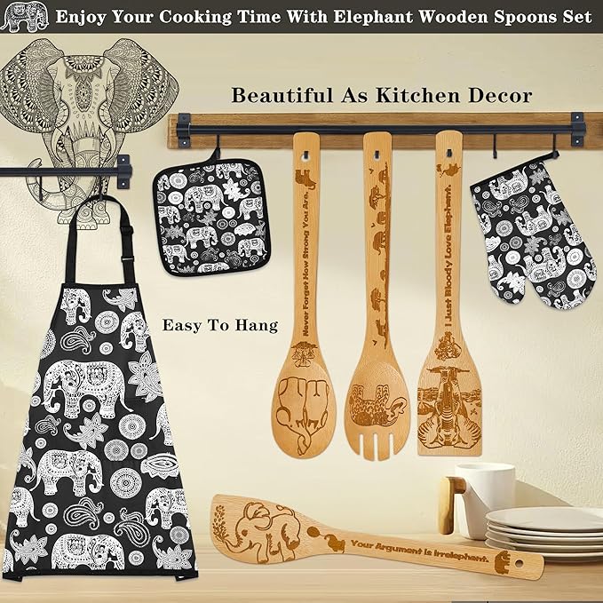 Elephant Gifts for Women,8pcs Elephants Bamboo Cooking Utensil Spoons with Apron Oven Mitt Potholder,Personalized Elephant Gift for Mom,Housewarming Kitchen Decor,Easter,Birthday,Mother's Day