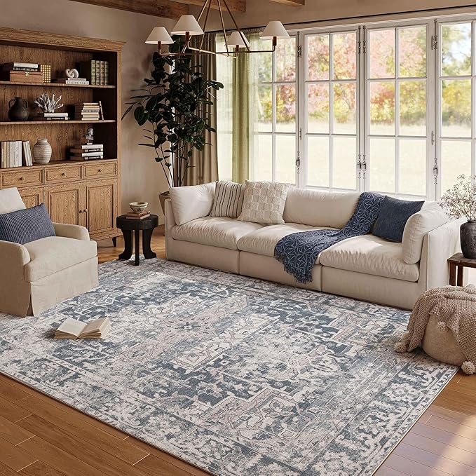 Rugxara 5x7 Area Rugs for Living Room Bedroom, Blue Washable Rug, Vintage Retro Boho Rug, Non Slip & Low Pile Faux Wool Thin Carpet for Indoor Dining Room and Kids Room(Blue 5x7ft)