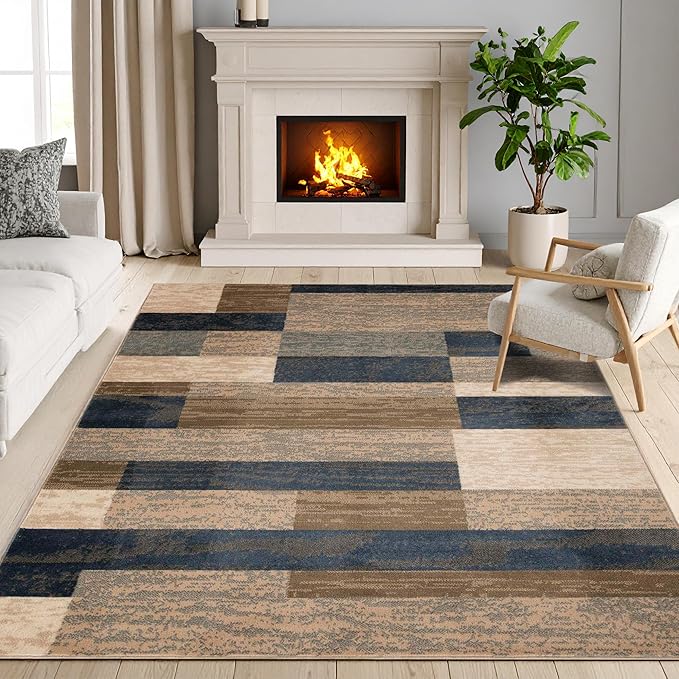 Superior Indoor Area Rug, Jute Backing, Plush Modern Rugs for Entryway, Kitchen Floors, Office Floor Cover, Color Block Rugs, Rockwood Collection, 5' x 8', Midnight Navy
