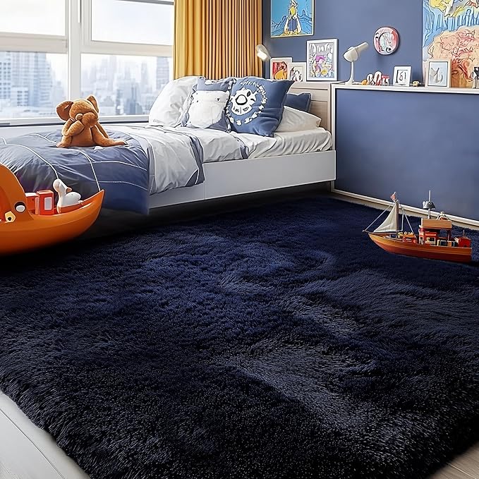 PAGISOFE Navy Blue Rug 4x6, Fluffy Dark Blue Rugs for Bedroom, Modern Indoor Carpets for Living Room, Non-Slip Carpet for Kids Boys Girls Teen Dorm Nursery Room Decor, Super Soft Bedside Rugs Blue