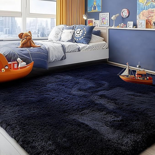 PAGISOFE Navy Blue Rug 3x5, Fluffy Dark Blue Rugs for Bedroom Super Soft Bedside Rugs, Modern Indoor Carpets for Living Room Non-Slip Carpet for Kids Boys Girls Teen Dorm Nursery Room Decor Classroom