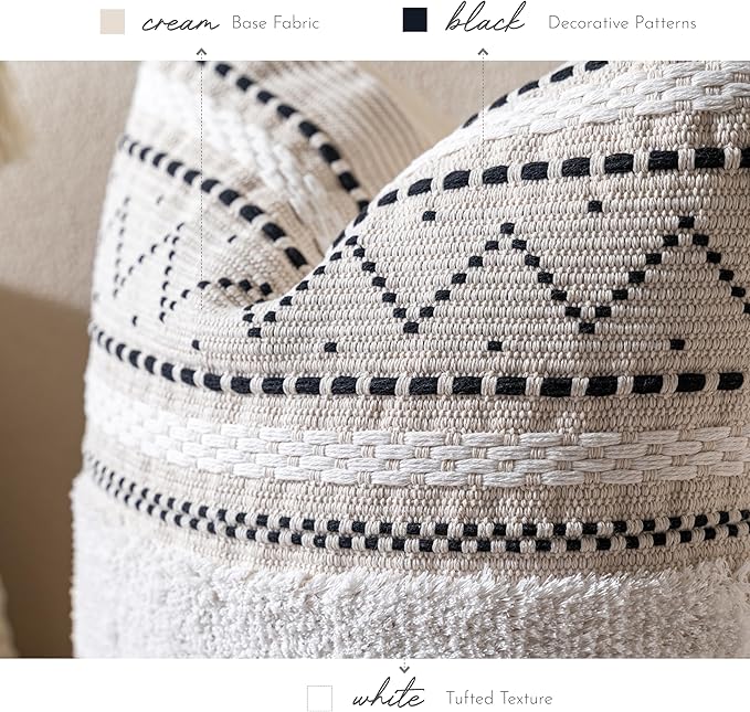 BlissBlush Decorative Throw Pillow Covers 20x20 Combo Set of 2 Square Boho Black Neutral Accent Pillowcase Tassels Farmhouse Cushion for Couch Sofa Bedroom Living Room Home Décor Cover ONLY