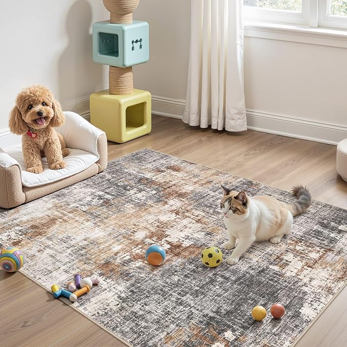 DMOYEST Area Rug Living Room Rugs - 4x6 Abstract Small Soft Indoor Washable Rug Neutral Modern Low Pile Carpet for Bedroom Dining Room Farmhouse Home Office - Grey Brown