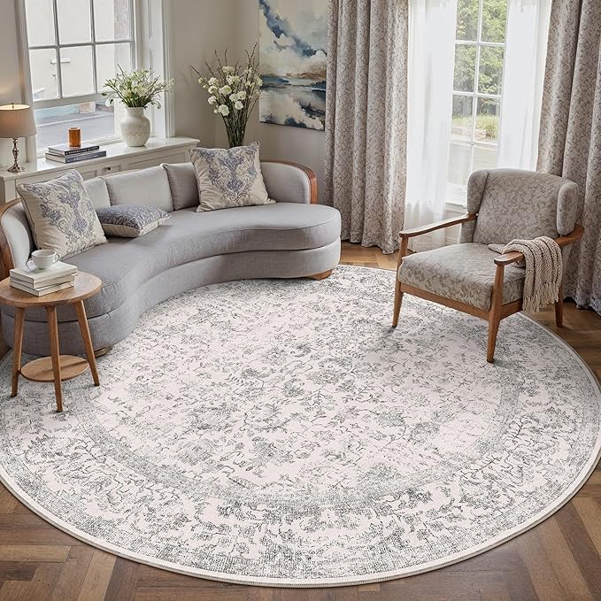 PureCozy Grey Round Area Rug 8ft Entryway Door Mat Small Circle 8x8 Kitchen Vintage Carpet Non Slip Indoor Bedroom Washable Distressed Floral Retro Accent Throw Rug Office Bathroom