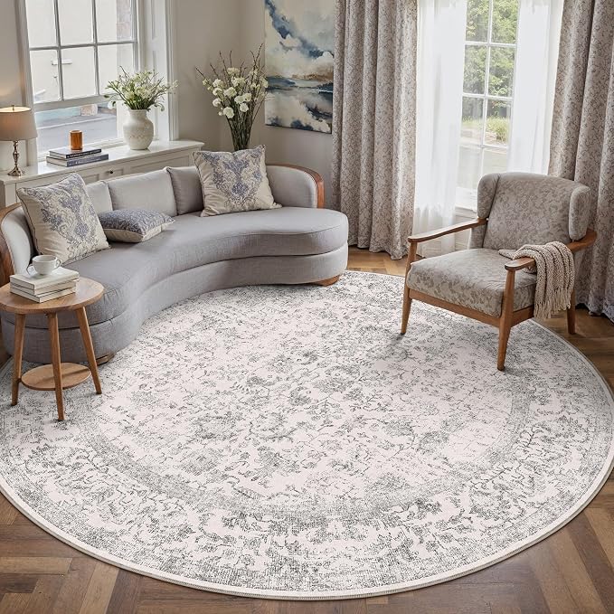 PureCozy Grey Round Area Rug 6ft Entryway Door Mat Small Circle 6x6 Kitchen Vintage Carpet Non Slip Indoor Bedroom Washable Distressed Floral Retro Accent Throw Rug Office Bathroom