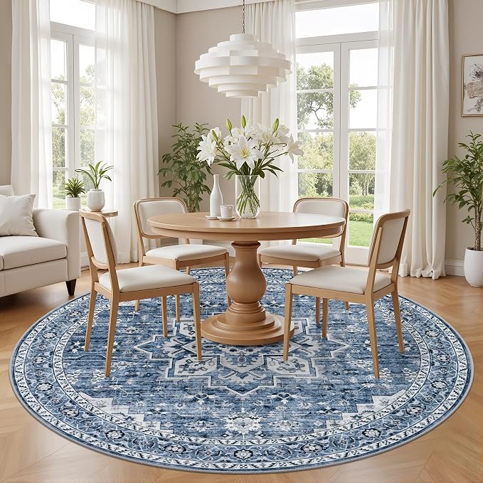 Round Area Rug for Living Room: 6ft Washable Vintage Boho Soft Thin Circle Rug Indoor Floor No Slip Stain Resistant Carpet for Bedroom Dining Room Farmhouse Nursery Home Office - Blue
