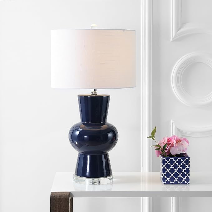 JONATHAN Y 28.5" Navy Ceramic Table Lamp for Living Room Bedroom Nightstand, Modern Hourglass LED Bedside Lamp with Crystal Base and Linen Shade (JYL4027B)