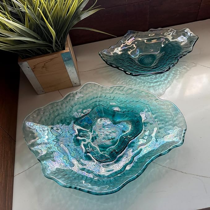 Set of 2 Oyster Shell Decorative Plates, 13 and 10 Inch Sea Blue Glass | Two Sizes for Layered Display, Wavy Uneven Rims, Glossy Finish Shifts Green, Purple, And Smoky Tones
