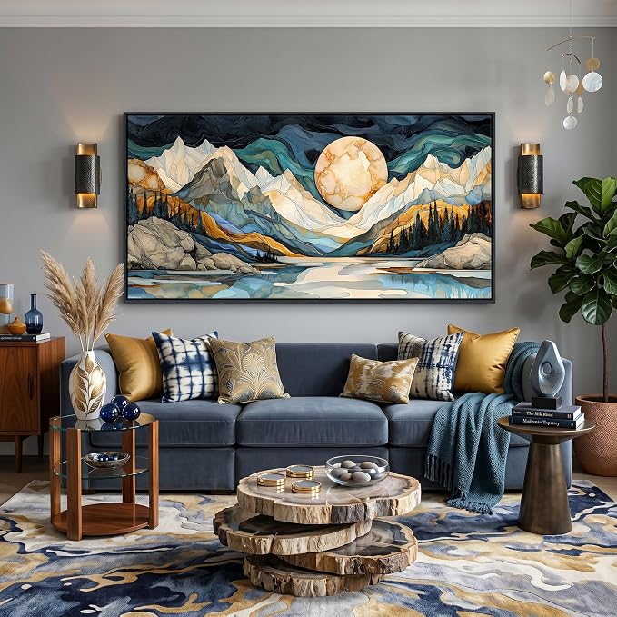 Framed Canvas Wall Art - 24x48 Inchs Abstract Painting Decor, Textured Mountain Pictures as Gifts for Friends, Modern Art Prints for Bedroom Living Room Bathroom Home Decoration