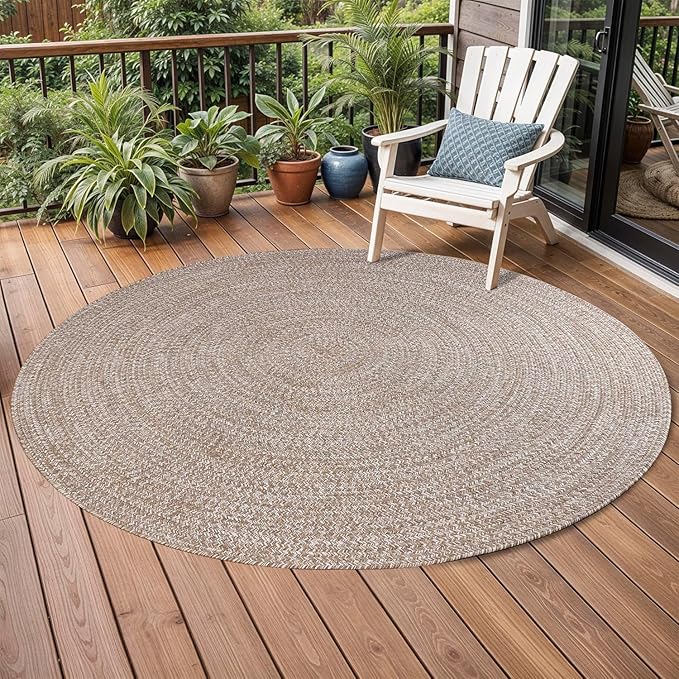 SUPERIOR Indoor/Outdoor Area Rug, Dual-Tone Reversible Braided Floor Decor for Patio, Front Porch, Entryway, Living Room, Office, Nursery, Artistic Home, 4' Round, Latte-White