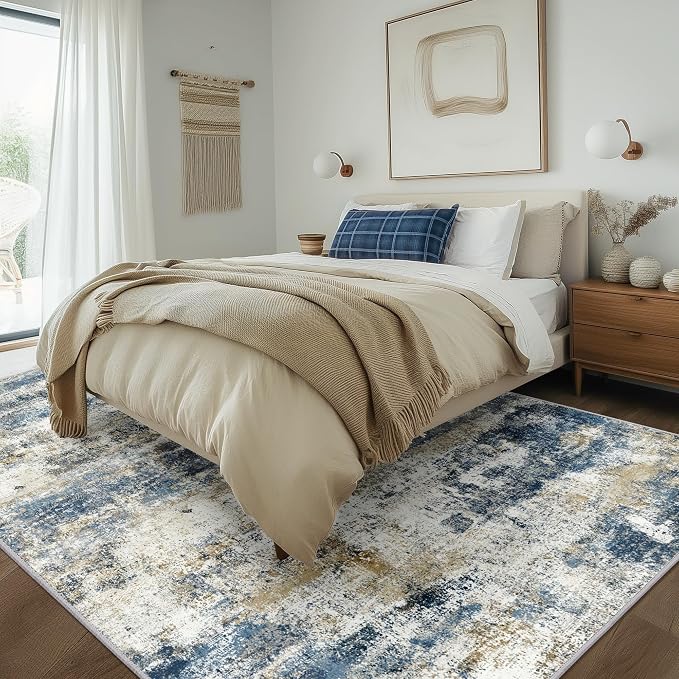 BEIMO Area Rugs 5x8 for Living Room Bedroom, Modern Abstract Machine Washable Rug, Large Soft Low Pile Floor Carpet with Non Slip Backing for Dining Room, Navy Blue Beige