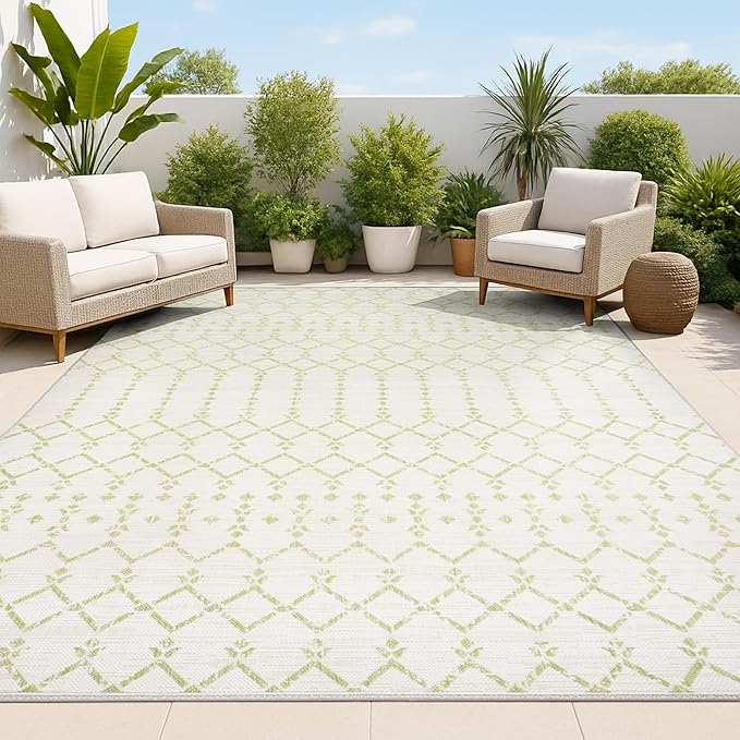 JONATHAN Y Moroccan Geometric Indoor Outdoor Area Rug 5X8 Cream/Green, Ourika Textured Weave for Backyard, Patio, Porch, Easy-Cleaning, High Traffic, Pet-Friendly, Non-Shedding (SMB108M-5)