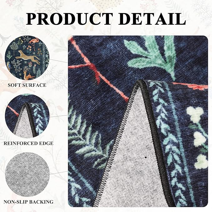 DUKINO 2.6x8 Rug for Hallway, Washable Kitchen Runner Rug with Non Slip Backing, Soft Low Pile Vintage Animal Runner for Bedroom, Kitchen, Hallway, Entryway, Laundry, Navy Blue