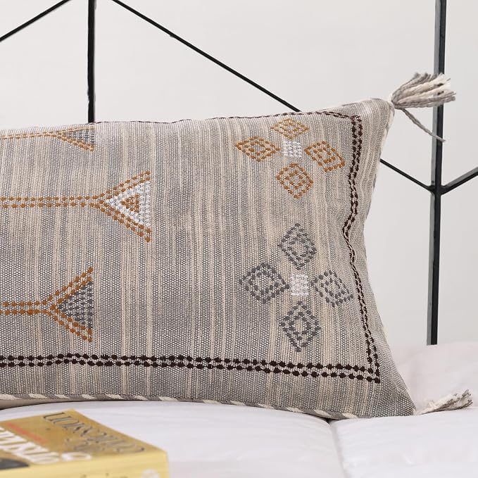 Lumbar Throw Pillow Cover (12 X 28 inches) | Hand Woven Cactus Silk White Pillow Linen Cover | Rustic Décor Bohemian Cushion Cover | Farmhouse Cotton Pillow Case | Decorative Throw Pillow Dress