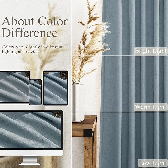 Light Blue Linen Curtains 63 Inches Long 2 Panel Sets for Living Room Bedroom Rod Pocket Back Tab Light Filtering Drape for Kitchen Window Short Protect Privacy Curtain Modern Farmhouse Decor 52x63