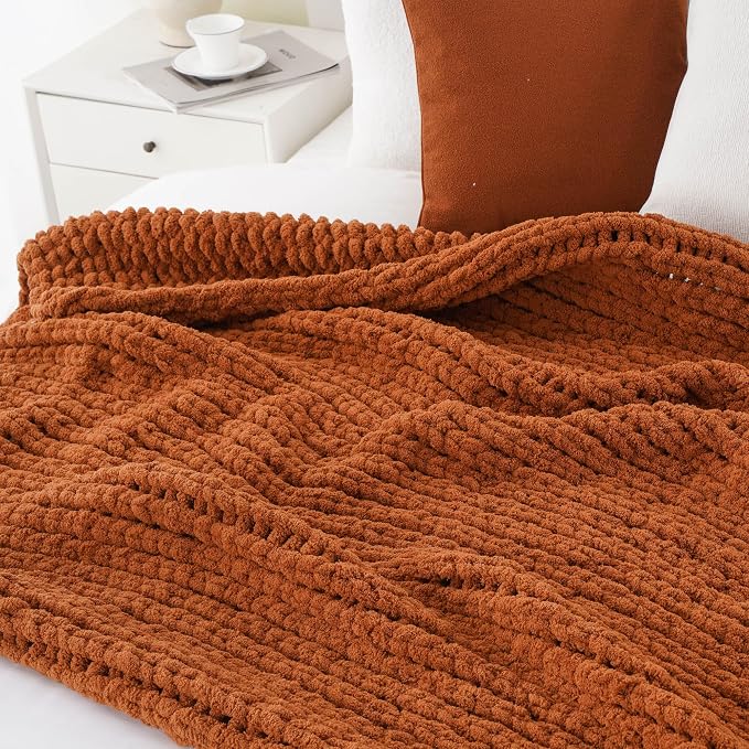 Battilo Fall Chunky Knit Throw Blanket, Soft and Thick Chenille Throw Blanket, 50"x60" Handmade Cable Knit Crochet Blanket, Rust Knitted Throw Blankets for Couch Fall Decoration, Caramel