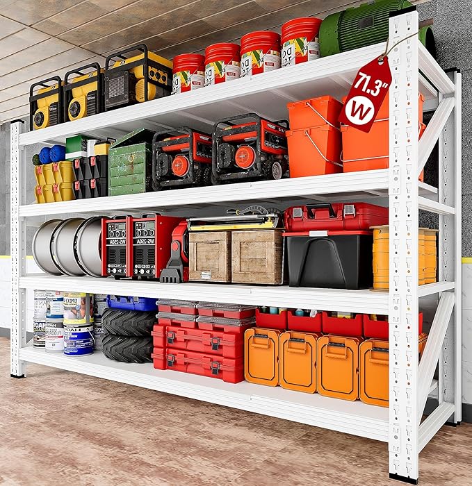 71.3" Wide Heavy Duty Garage Shelving Units,5000LBS Deep Storage Shelves,White Metal Garage Shelves,Steel Shelf,Large Storage Rack,Industrial Shelving for Shop,Warehouse,Basement,71.3"W x 24"D x 70"H