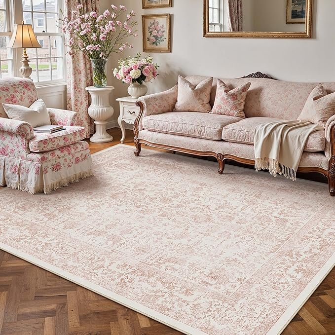 PureCozy Pink Area Rug 5x8 Machine Washable Vintage Living Room Distressed Non Slip Carpet Traditional Indoor Bedroom Retro Floral Accent Throw Large Rug Office Kitchen Bathroom Dining Room