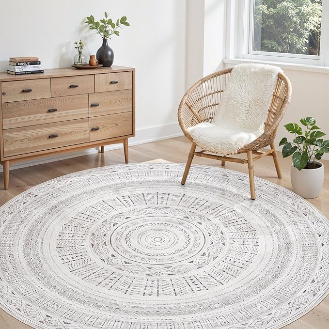 cotiled 6x6 Round Area Rug Living Room: Washable Boho Rugs with Non Slip Backing Large Soft Indoor Stain Resistant Carpet for Bedroom Farmhouse Dining Room Lightweight Home Decor Dark Grey