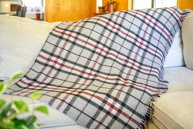 Briomhar Tartan Throw Blanket Plaid - Scottish Wool Blanket, Thick Warm Throw with Fringed Edges 60 x 70 inches (Thomson Grey)