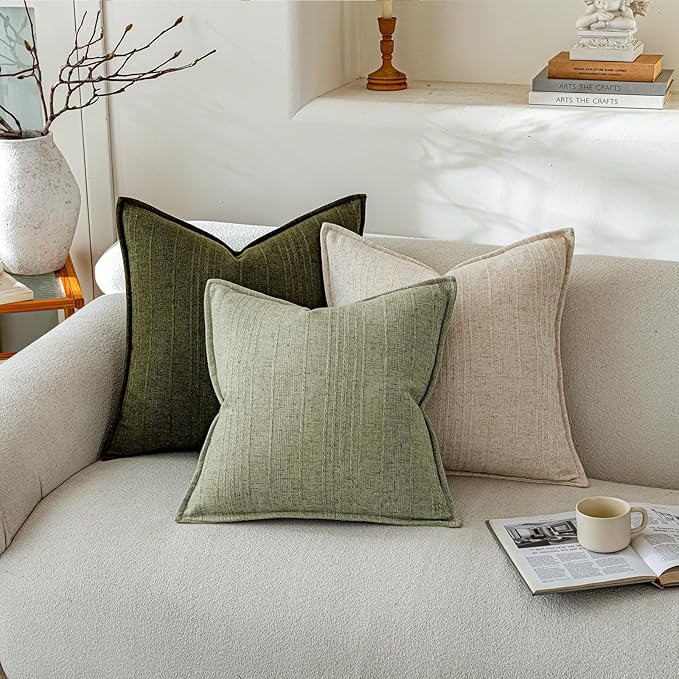 a moment Linen Pillow Covers Set of 2,Boho Farmhouse Throw Pillowcases Neutral Textured Decorative Covers for Couch Sofa,Linen Blend Accent Case Cushion Living Room Home Decor 26"x26"Seeding Green