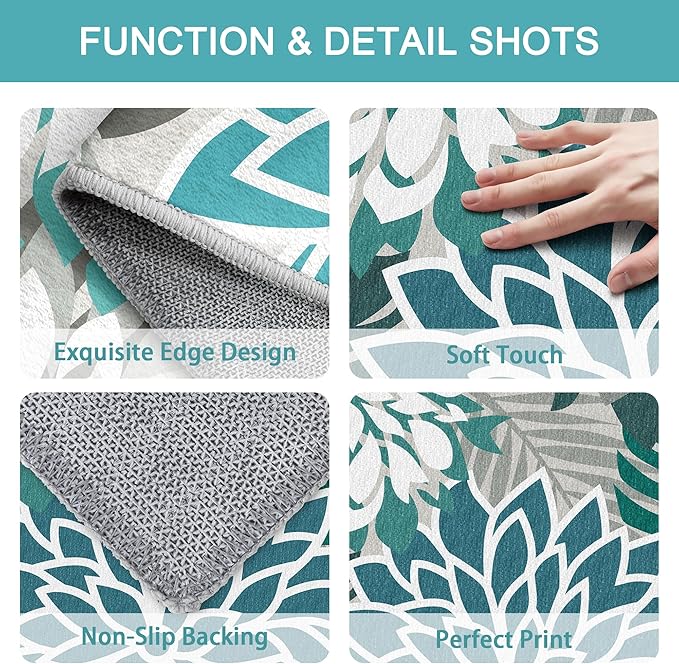 Colorful 6FT Outdoor Round Area Rug Washable Rugs Multicolored Patio Rug Tropical Botanical Floral Chenille Waterproof Outdoor Carpet for RV, Pool Deck, Backyard, Porch, Teal